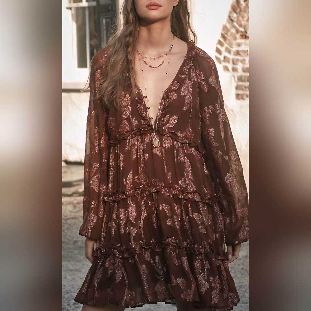 Anthropologie Long-Sleeve Tiered Metallic Mini Dress,S,Cocoa Plum, $178.00 USD